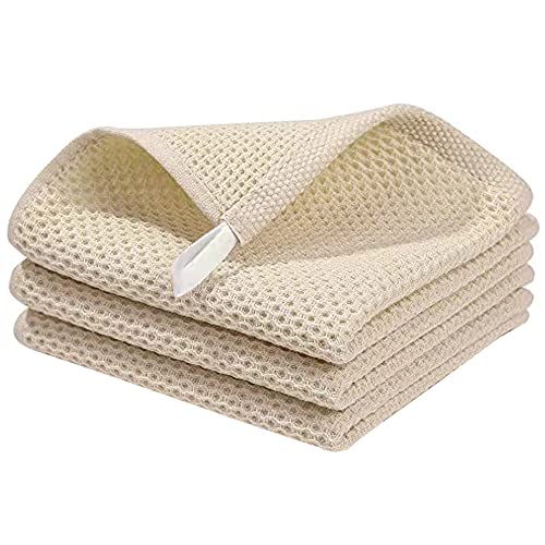 FOXNOV ふきん 食器拭き キッチン 布巾 台ふきん ワッフル 綿 フキン キッチンタオル (抗菌・防臭) 吸水 速乾 キッチンクロス ぞうきん 学校用 ホテル仕様 業務用 母の日 結婚祝い 3枚セット ベージュ