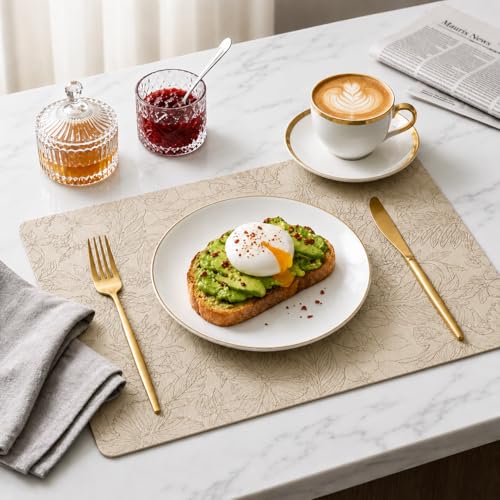 Image of Yelona Premium Faux Leather Placemat Set of 6 | Printed Floral Design, Waterproof & Heat Resistant Table Mat | Non-Slip, Washable for Dining, Kitchen & Home Decor (Beige, 43 x 30 cm)