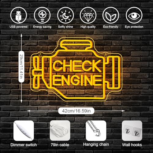 Image of Horseneon Check Engine Neon Sign Neon Light Sign Man Cave Decor Led Garage Wall Art Auto Repair Shop Workshop Decor Garage Accessories for Man Gifts for Car Guys Mechanics