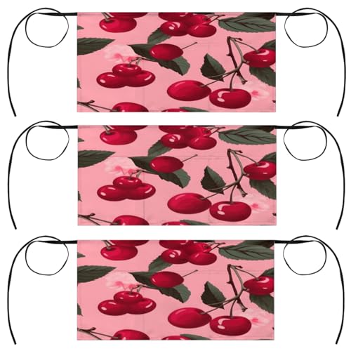 Beautiful Watercolor Cherry Leaf Server Aprons with 3 Pockets Oil-proof Half Aprons Restaurant Bistro Cafe Bars Waitress Waiter Wasit Apron for Women Men 3 Pcs