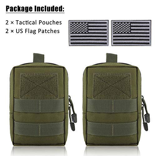 FUNANASUN MOLLE Pouches - 2 Pack Tactical Compact Pack Water-Resistant Utility EDC Pouch Small Black with US Flag Patch (Green)