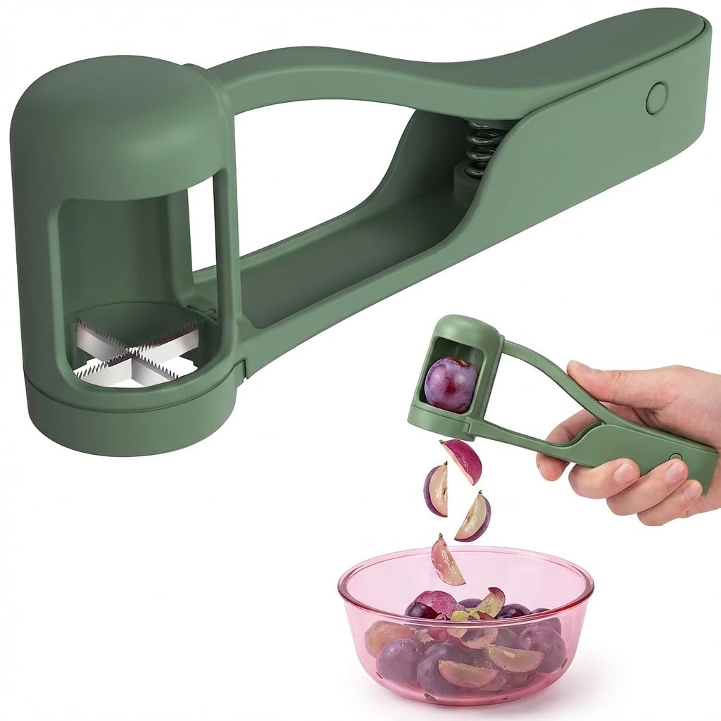 Grape Cutter for Babies Toddlers Fruit Slicer Quarter Cutter with Stainless Steel Blades Sky Blue Cherry Tomato Strawberry Slicer Manual Fruit Chopper Tool for Kids Snacks Salad Kitchen Gadget (Green)