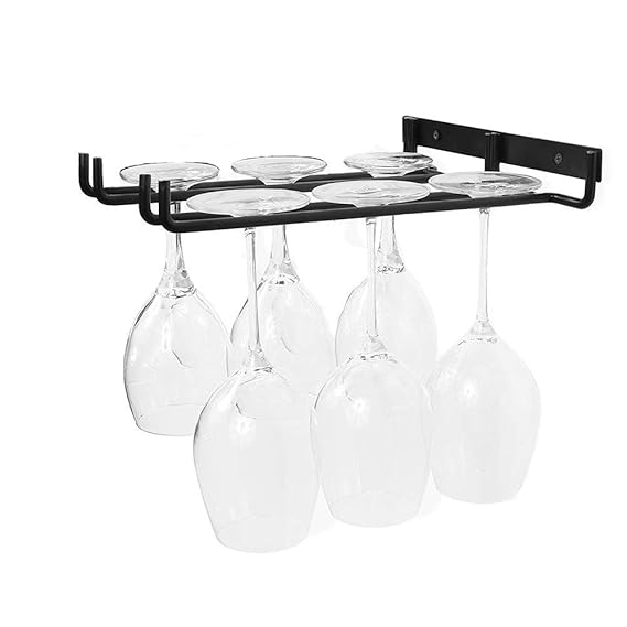 INDIAN DECOR 41122 Wine Glass Holder Rack Under Cabinet,Wall Mounted Metal Glasses Storage Hanger for Kitchen or Bar, Iron with Black Powder Coated