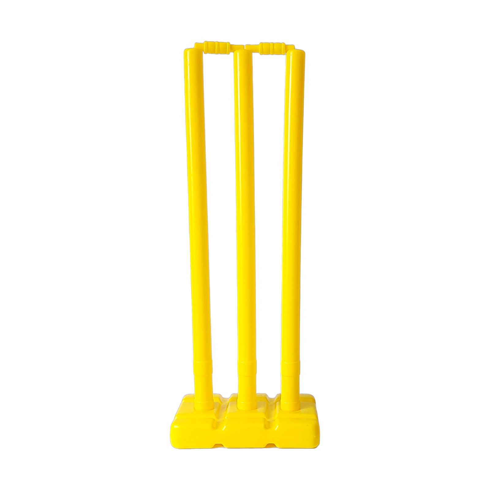 Spokid Best Plastic Cricket Stumps Set, Plastic Wicket Set (Set of 1) 3 Stumps + 2 Bails + 1 Stand +1 Base (Yellow)
