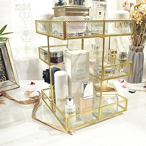 4-Tier Golden 360 Degree Rotation Cosmetic Organizer -Premium Spinning Perfume Tray,Large Capacity Beauty Display for Countertop,Vanity or Bathroom Dorm Room-Tempered Glass&Sturdy Metal - Image 6