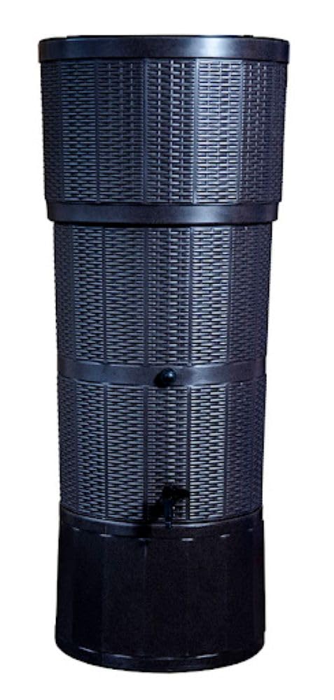 150L Rattan Effect Water Butt with Stand, Tap and Downpipe Diverter Kit - Graphite Garden Rainwater Collector Barrel - UV Stabilised Plastic Cylindrical Water Tank for Patio, Balcony or Small Garden