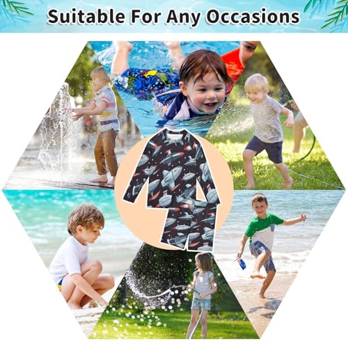 Cartoon Spaceship Boys Swimsuit Rash Guard Toddler Kids Long Sleeve Swim Shirt and Trunks Swimwear Set 3-10Y4