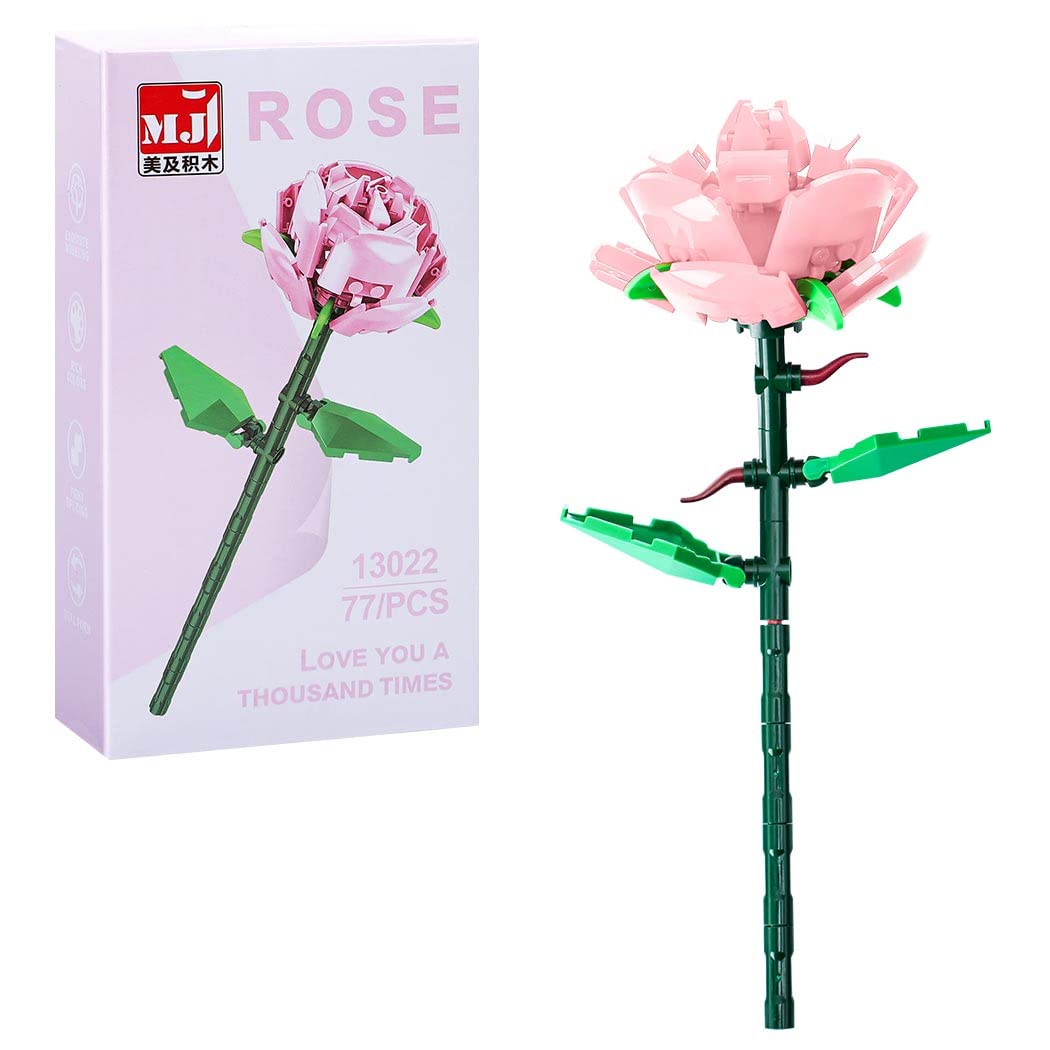 Tokokimo Flowers Bouquet Building Blocks Set Kit 77 PCS, Succulents Roses Flower Botanical Collection Birthday Gifts Toys for 12-14 Boys Girls Kids and Adults (Pink Rose)