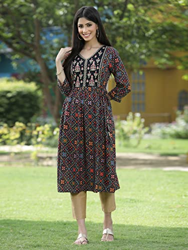 Image of Juniper Women's Rayon Festive Printed Flared Kurta for Women