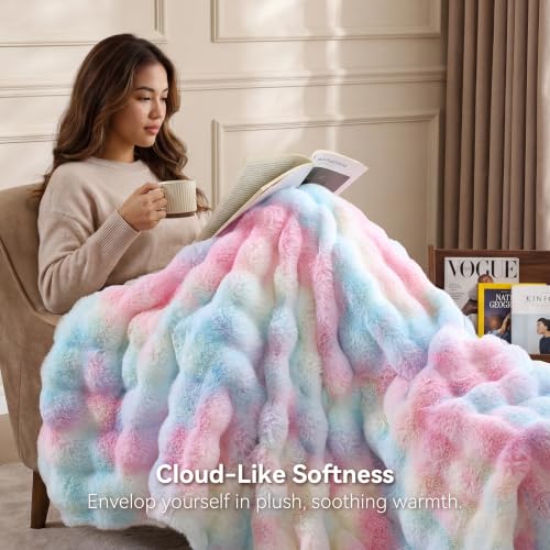 Smoofy Faux Rabbit Fur Throw for Couch - Rainbow Bubble Blanket 50"x60" - Image 2