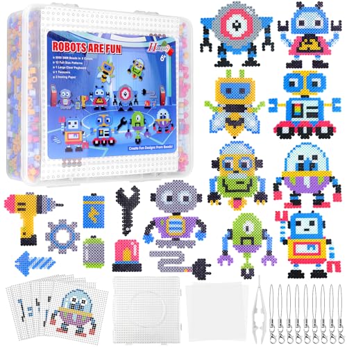 Homgaty 5000 B&uuml;gelperlen Roboter Set, Steckperlen 5 mm Perlen mit Steckplatte, 17 Muster, B&uuml;gelpapier, Anh&auml;nger und Zubeh&ouml;r zum Basteln Handwerk f&uuml;r Kinder Geschenk