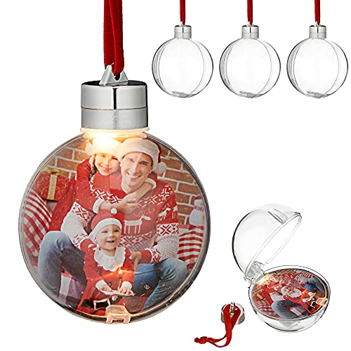 WOP ART Christbaumkugel mit/ohne LED Licht | Fotokugel Clear Christmas | schmücken Sie die Kugel mit ihrem Lieblingsfoto | DIY (4er Set mit Licht)