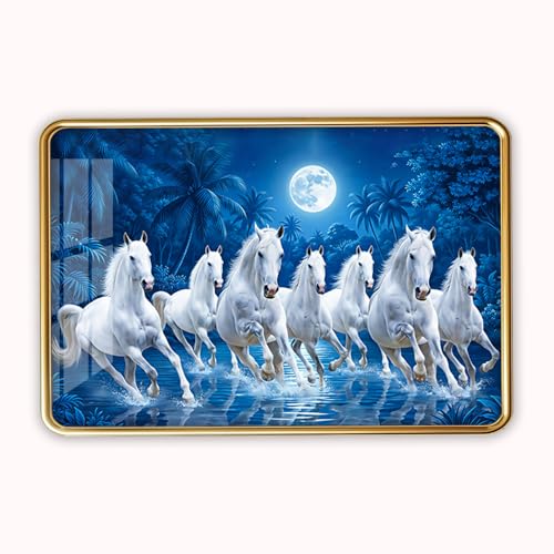 Image of Dharvika Innovations 7 Running Horses Photo Frame, Ultra High Gloss Lamination, Vastu Painting for Living Room, Office, 12x18 Inch (Design 20)