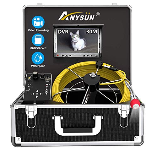Sewer Pipe Inspection Camera, Anysun 30M 100ft Waterproof IP68 Plumbing Camera with DVR Recorder, Pipeline Drain Industrial Endoscope Snake Cam with 7 Inch LCD Monitor 1000TVL (Include 8GB SD Card)
