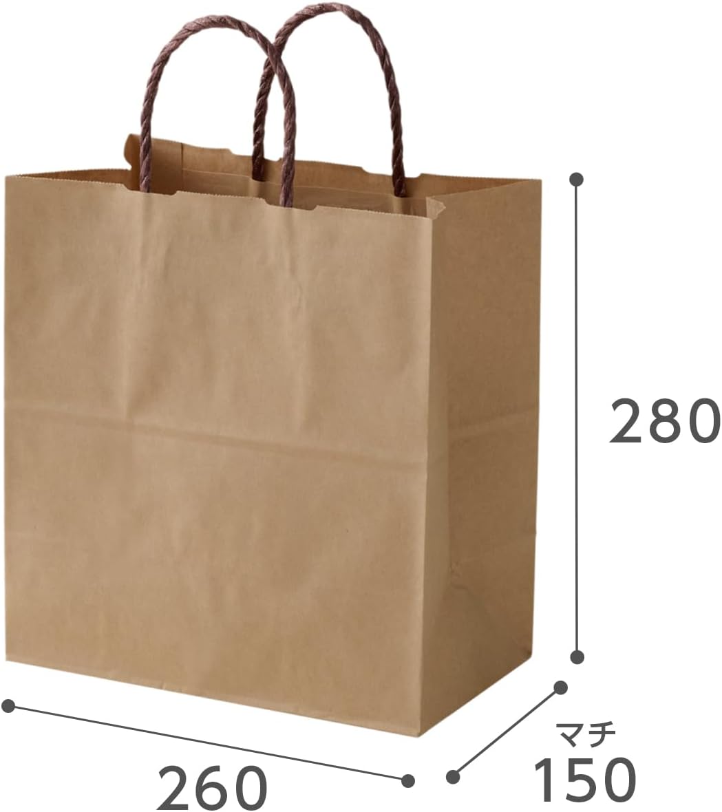 テイクアウト用紙手提袋（茶） 100枚梱包 未晒 幅260&times;マチ150&times;丈280mm