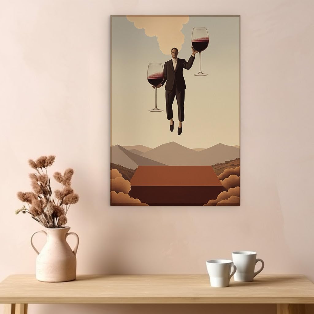 Canvas for Living room. Defying Gravity in Style: The Man, The Wine, and The Majestic Mountain Backdrop, 27 x 18 inch Canvas Wall Art - Ready to Hang