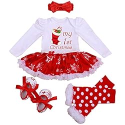 Ropa De Navidad Para Bebés Niñas Winmany Mameluco de Navidad para niñas recién Nacidas, Vestido con tutú, Diadema, Calentador de piernas, Conjunto de Zapatos, Mono para bebé (Zapatos de Navidad, 0-3 Meses)
