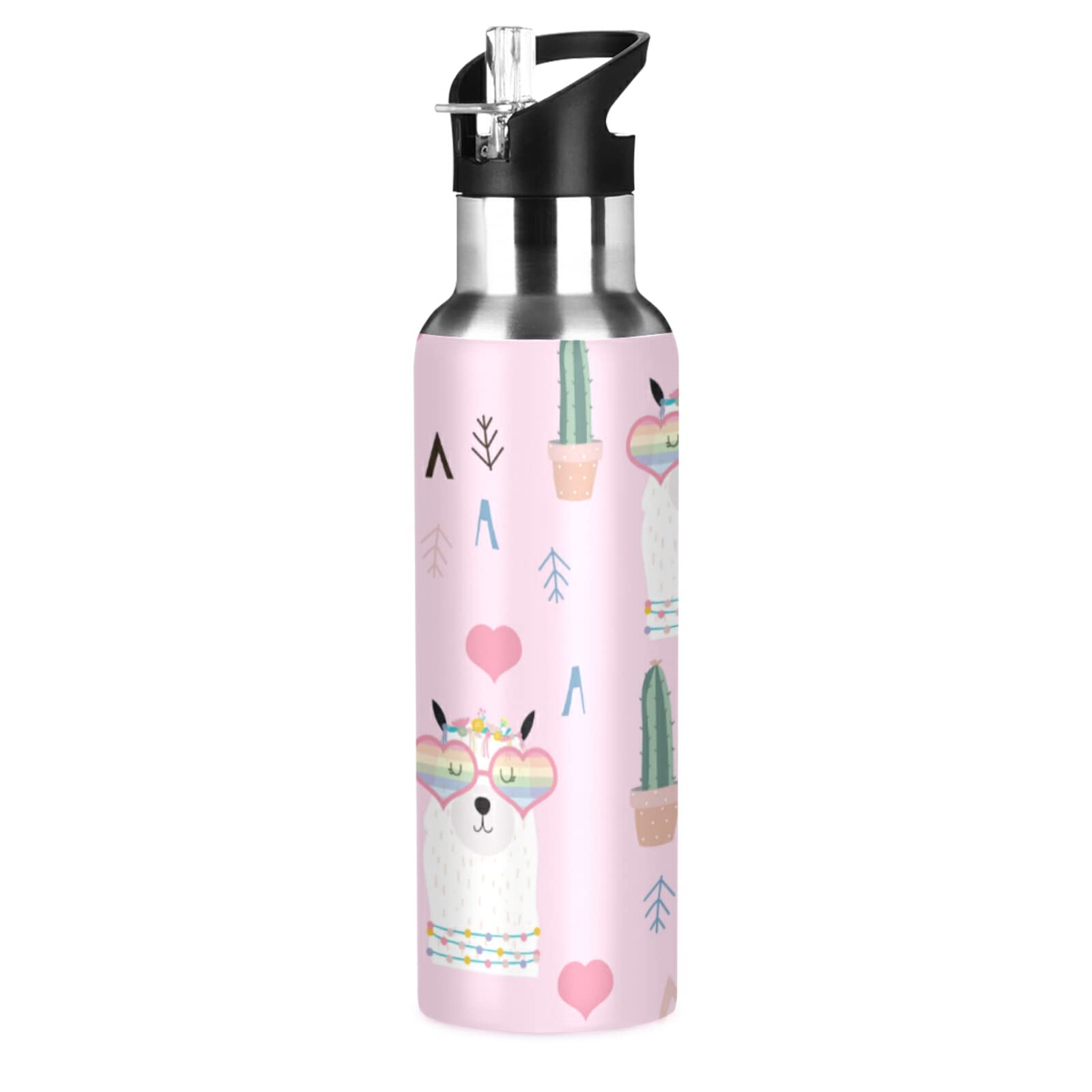 Pink Llama Alpaca Cactus Water Bottle Drink Flask with Straw Lid Insulated Stainless Steel Thermos Bottle for Boys Girls Gym Sports Leakproof 600 ml