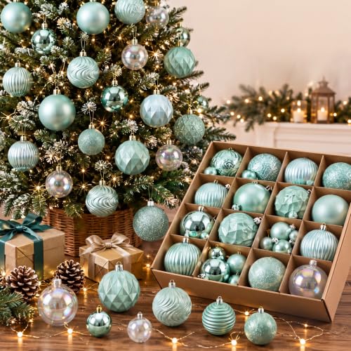 Lunmon 64 Pcs Christmas Ball Ornaments Teal Mint Green Teal Xmas Bulb Ornament 1.6/1.97/2.4 Inch Plastic Hanging Decoration Assorted Size Shatterproof Christmas Decoration for Home Tree Wreath Party