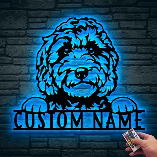 Custom Golden Doodle Metal Wall Art LED Light, Personalized Labradoodle Name Sign Outdoor Decor...