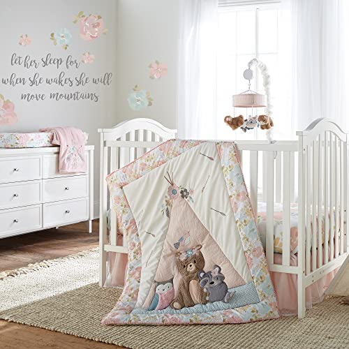Levtex Baby - Malia Plush Blanket - Embroidered Flowers And Feathers On Pink Plush - Pink, Grey, And Green - Nursery Accessories - Blanket Size: 30 X 40 In. #TOP1