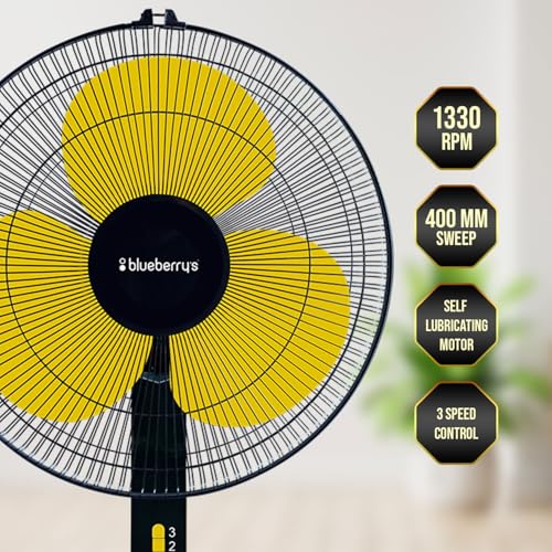 Image of Blueberry's High-Speed Oscillating Pedestal Fan, 3-Adjustable Fan Speeds, Rust Resistant Body, Adjustable Length, RPM 2200, 400-mm Sweep Length (Yellow)