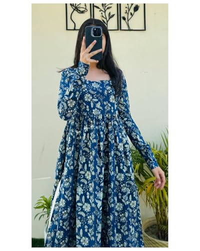 Image of Dhanna Fashion Women's Cotton Floral Print Kurta,Long Sleeve, A-Line Style