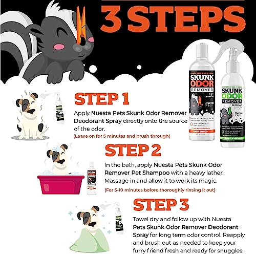 Nuesta Pets Skunk Odor Remover System w/Activated Charcoal | Ultimate Dual-Action System for Dogs & Cats | Skunk Shampoo & Spray Smell Eliminator | Vet-Approved Cleansing for Dogs, Cats & Home