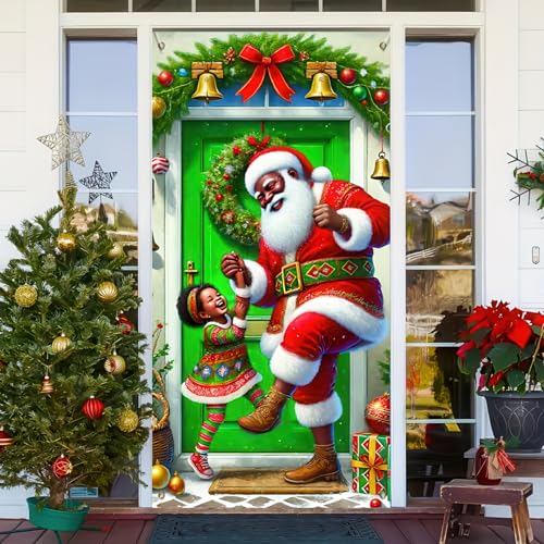 Image of BlissYard Holiday Door Cover Santa 35x71 Inch Polyester