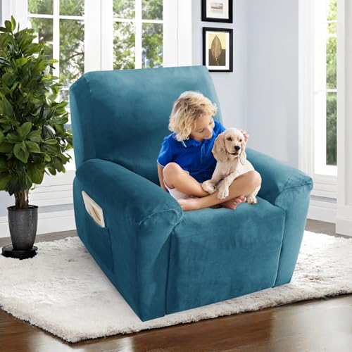 Image of ZNSAYOTX 2026 Velvet Oversized Recliner Cover 3-Piece, Luxury Plush Recliner Chair Covers with Elastic Band & Ties Stay in Place, Stretch Reclining Slipcover for Lazy Boy Soft Washable (Peacock Blue)