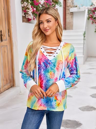 FAIRY SEASON Women's Long Sleeve Shirts V Neck Lace Up Casual Lightweight Loose Fit Tunic Tops 20254