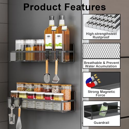 Image of Aufworld Magnetic Spice Rack for Refrigerator, 6 Pack Magnetic Shelf, Fridge Magnet Organizer with Moveable 12 Hooks, Magnetic Fridge Shelf for Kitchen Organization and Storage (6 Pack)