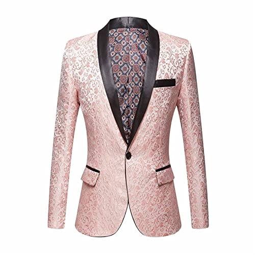Men's Luxury Floral Tuxedo Jacket Paisley Jacquard Shawl Lapel Dress Suit Embroidered Wedding Blazer Sport Coat (Pink,Medium)