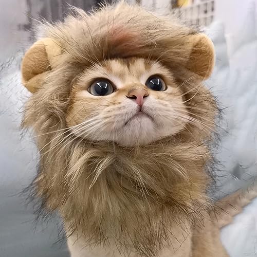 Image of Cat Halloween Costumes - Lion Mane Wigs for Cat Costumes, Adjustable Comfortable Funny Pet Kitten Cats Dress Up Clothing Accessories for Halloween Christmas Festival Party, Grey