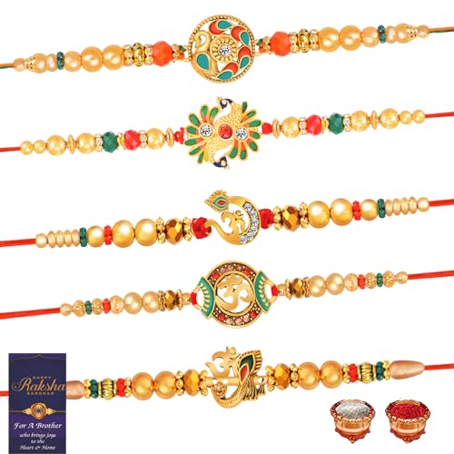Image of De Marquis Presents Multicolour Rakhi Combo Set with Roli Chawal, Greeting Card Combo Set for Men -Combo of 5