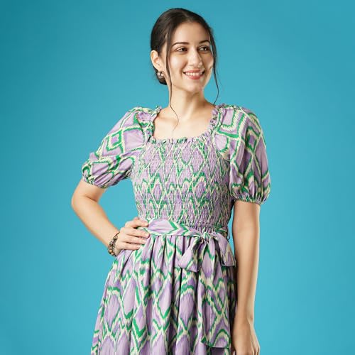 Image of Globus Women Teal Floral Print Smocked Square Neck Casual Fit and Flare Midi Belted Dress-3638174002