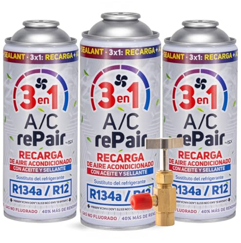 A/C rePair Recarga Aire Acondicionado Coche 3 en 1 Compatible R134a/R12 hasta 2016 – Sustituto Refrigerante con Sellador y Lubricante 400ml (3 ENVASES + LLAVE)