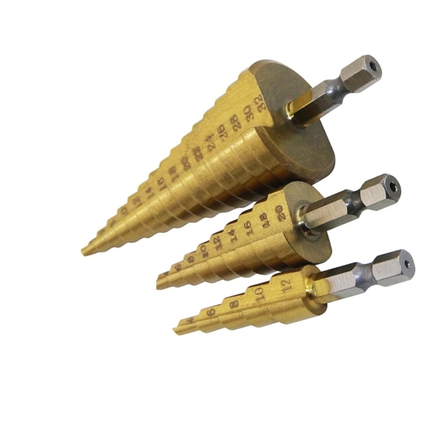 3PC HSS Step Cone Taper Drill Bit Set Hole Metric 4-12/20/32mm Hex Shank Titanium Metal Stepped(3PCS(4-12 3-12 4-20))