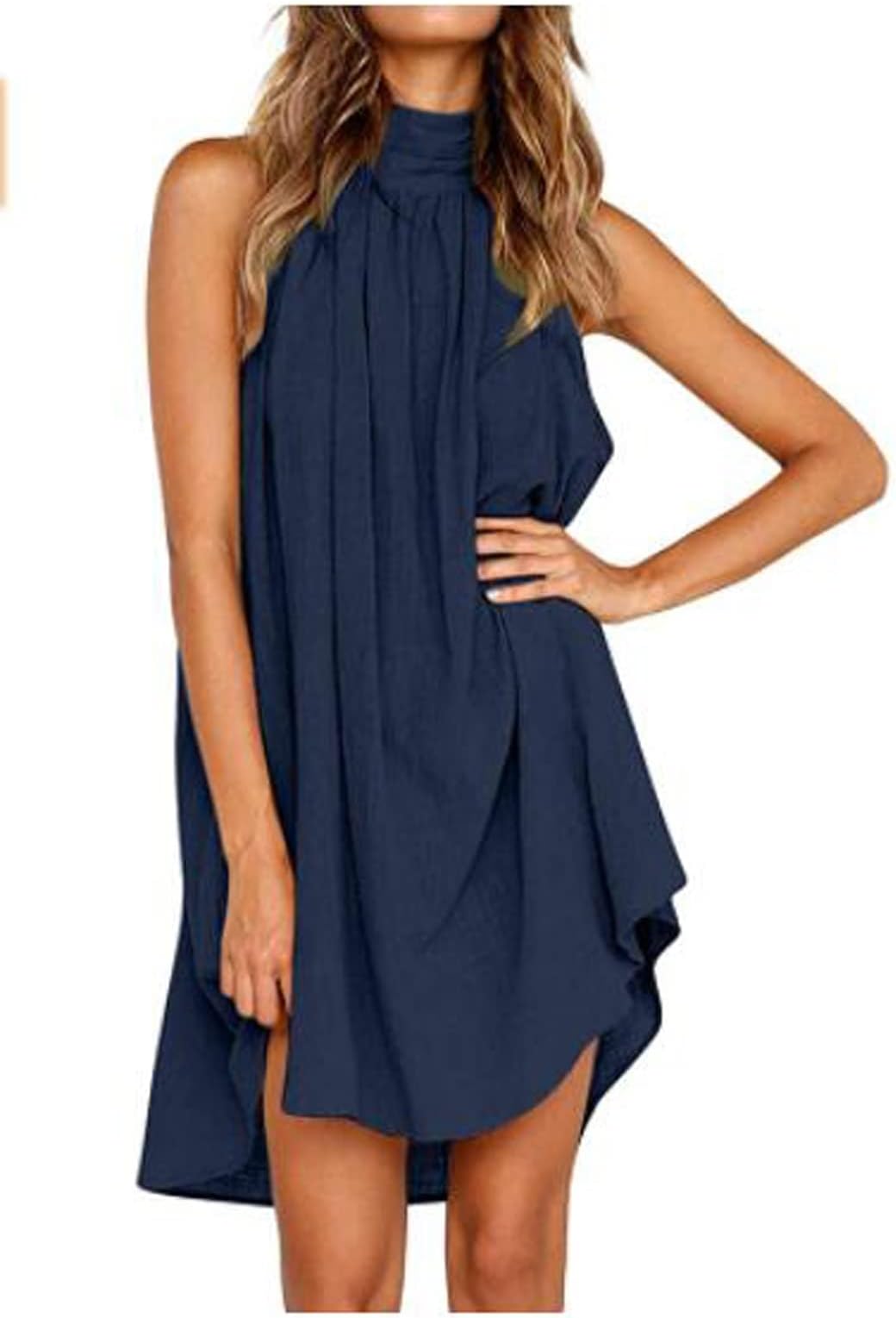 Halter Neck Dresses for Women Summer Mini Dress Loose Solid Tank Top Pleated Short Beach Dress