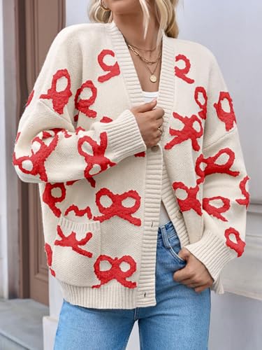 Saodimallsu Womens Bow Cardigan Sweaters Button Up Chunky Knit Loose Fit Fall Winter Sweater Coats with Pockets2