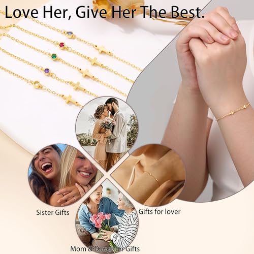 Cross Bracelet with Birthstone Dainty Gold Bracelets for Women Birthday Gift Christian Gifts for Her Religious Faith Baptism Confirmation Gifts for Teen Girls Christmas Jewelry for Sister Daughter Granddaughter Girlfriend