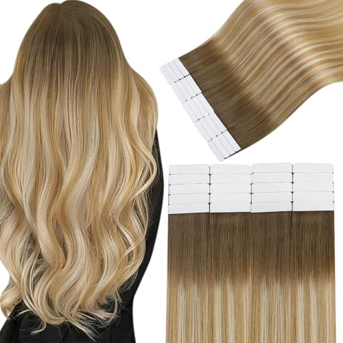 Image of Tape in Hair Extensions Human Hair Blonde Balayage Tape in Extensions Human Hair Brown Ombre Honey Blonde Mixed Platinum Blonde Hair Extensions Tape ins Easyouth Straight Hair 14Inch 20Pcs 40g