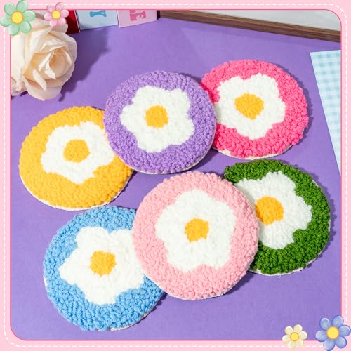 Image of WATINC Flower Punch Needle Coaster Kit - 22Pcs Easy Art Work Decor Craft Supply for Beginners, DIY Set of 6 Flowers Pattern Tufted Rug Pads with Adhesive Felt Yarns Embroidery Hoop Tools Instruction