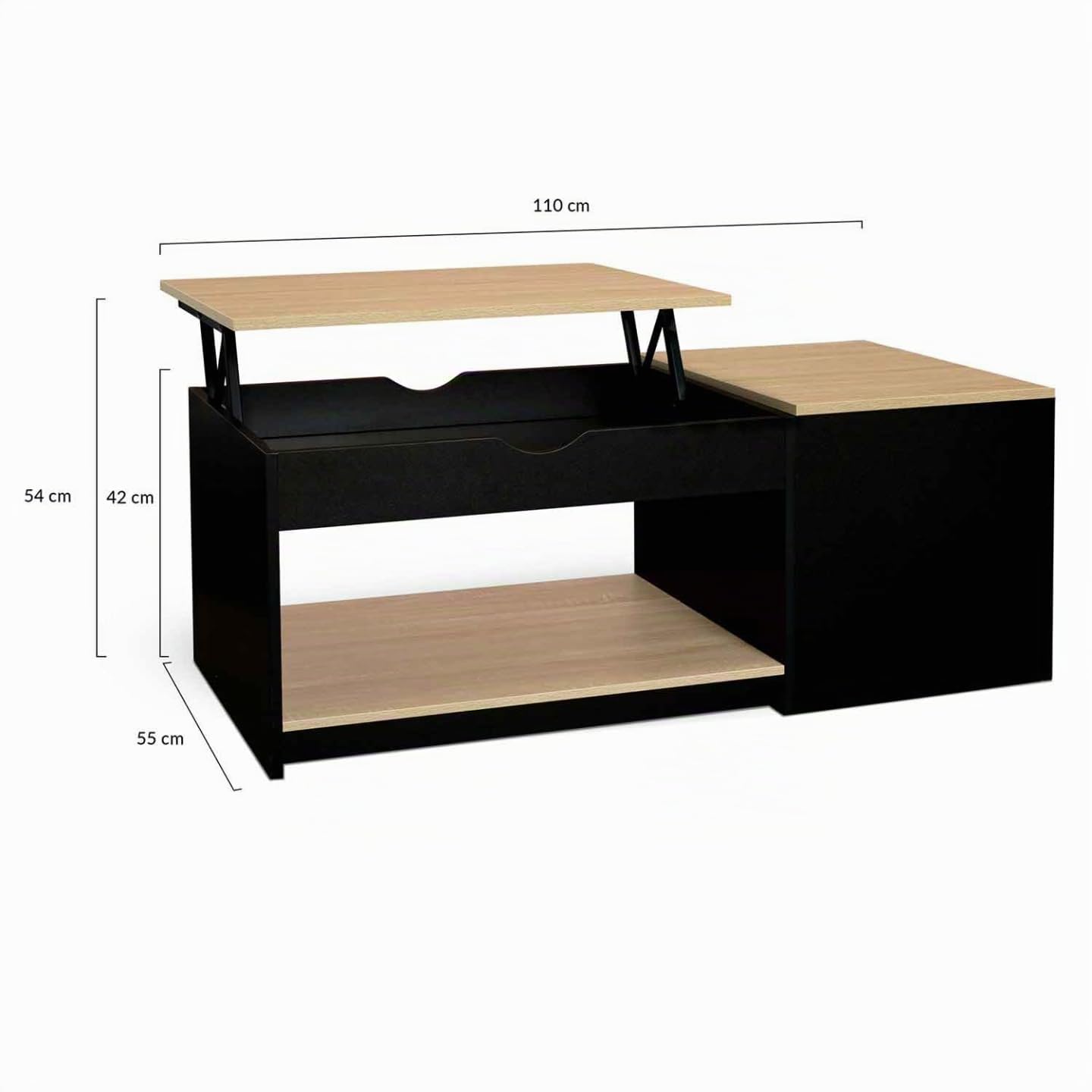 IDMarket - Table Basse 2 Plateaux relevables rectangulaire EYLA avec Coffre Bois Noir et façon hêtre