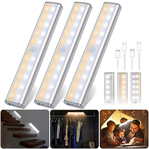 Motion Sensor Closet Lights Rechargeable 3 Pack, 20 Led Wireless Under Cabinet Lighting, Stick-On Anywhere Magnetic Step Night Light For Wardrobe Cupboard Drawer Kitchen Stairs, 3 Lighting Modes #TOP7
