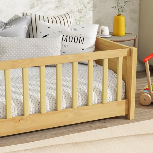 Image of Bellemave Twin Size Kids Montessori Floor Bed,Twin Floor Bed Frame with Slats and Bookcase,Solid Wood Montessori Bed for Girls Boys,Natural