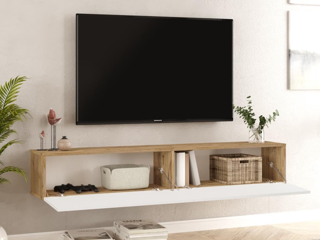 Vente-unique - Meuble TV Suspendu avec 2 Portes - Blanc et Naturel - AUBEPINA