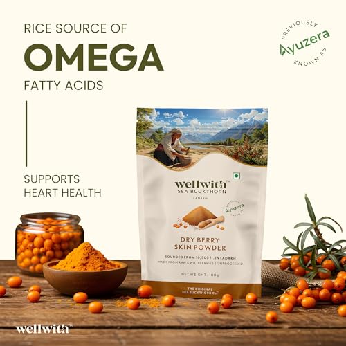 Image of Wellwith Himalayan Sea Buckthorn Dry Berry Kkin Powder, 100g | Rich in Omega 3, 6, 7, 9 | Collagen, Fiber, Omegas, Vitamin C, Vitamin E | Dry Sea Buckthorn Berry Powder (100, Grams)