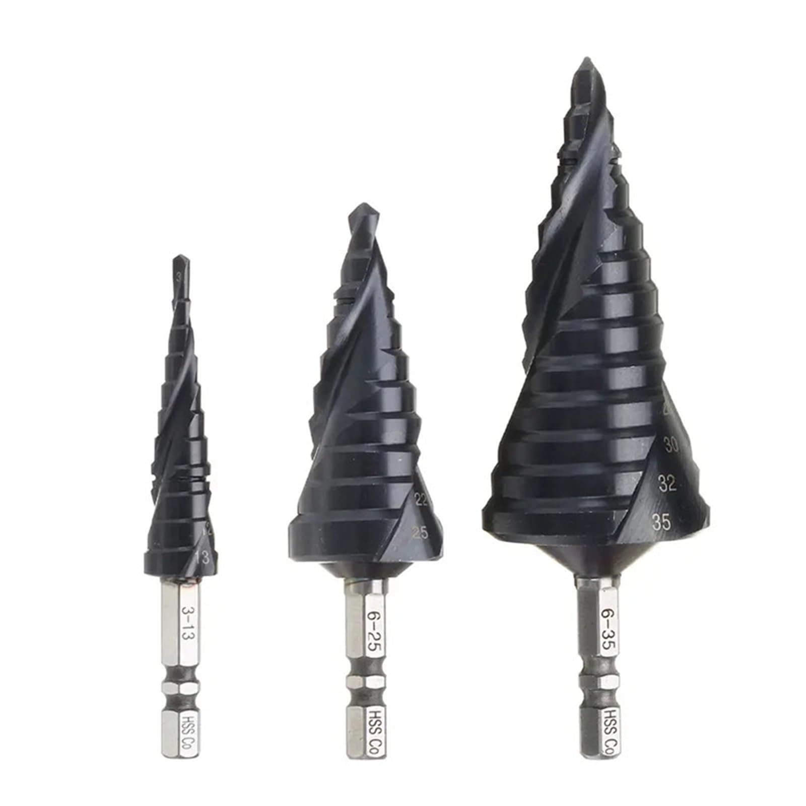 1/4 cala Hex M35 powlekane kobaltem wiertło stopniowe Shank stal szybkotnąca metalowy otwieracz do otworów wiertniczych do narzędzi ze stali nierdzewnej (Size : 6-35mm)