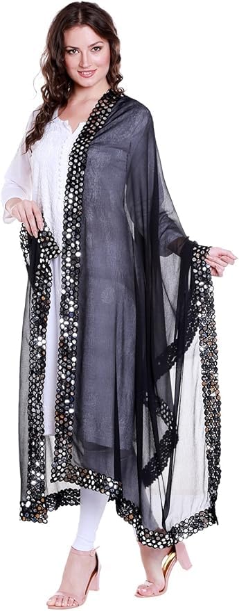 Women's Black Chiffon Dupatta with Mirror work lace.